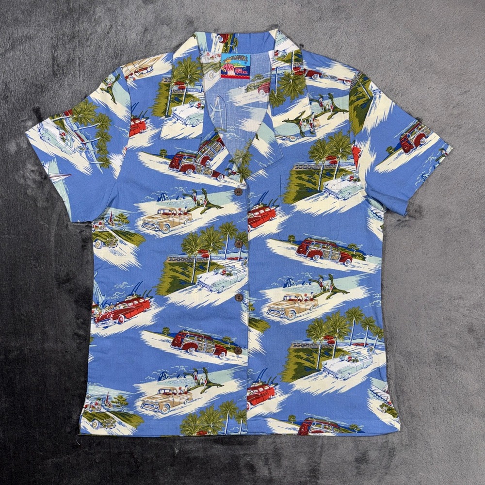 Reyn Spooner Joe Kealoha Hawaiian Shirt Blue Woodie Car Print NWT Small